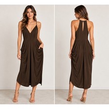 BCBGeneration Brown Draped Midi Dress Size Medium Sleeveless Cocktail Party