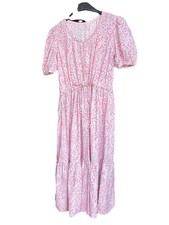 Pink Ditsy Floral Midi Dress - Tiered Puff Sleeve Tea Dress - Size 12 UK