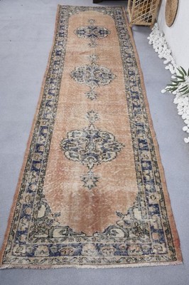 Turkish Vintage Rug 3,2x11 ft (97x336 cm), Beige Blue Ikat Rug