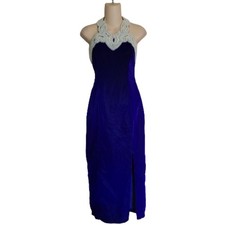 Vintage 90's royal blue Velvet pearl beaded halter formal dress Size women's 5/6