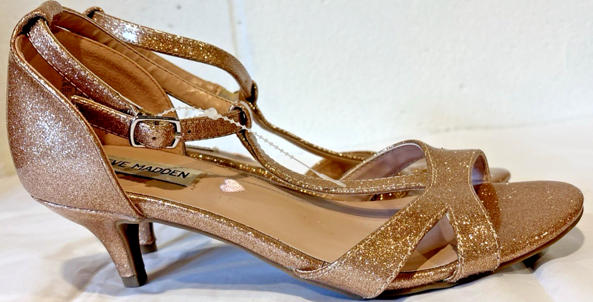 Steve Madden Strappy Dress Sandals Heels Glitter Rose Gold Womens