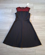 Kiomi Black Stretch Flared Dress Burgundy Lace Shoulders Party Retro BNWT UK8