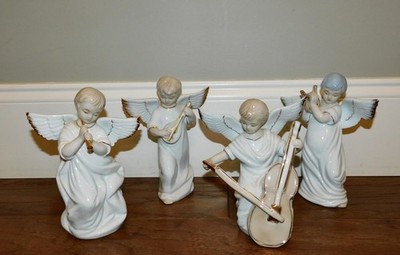 RARE! LOT 4 White Gold Porcelain Angels Harp Flute Mandolin Cello Crown Mrk VNTG