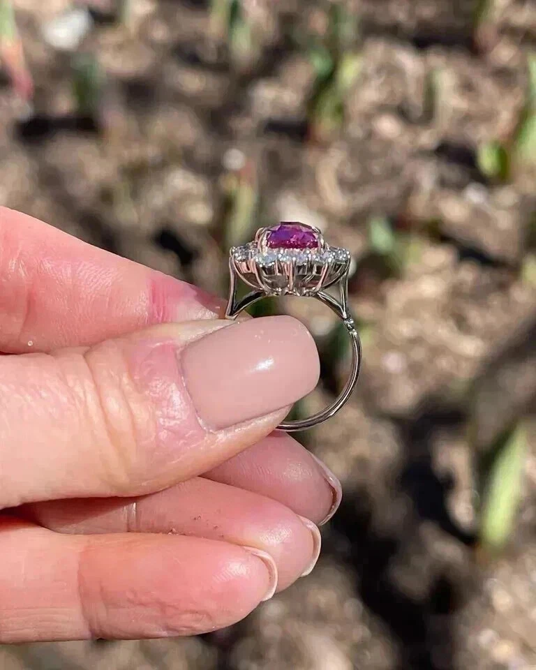 5.Ct подушка огранки розовый сапфир бриллиант Halo заявление кольцо 14K белое золото твердое - Изображение 2 из 4