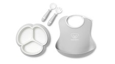BabyBj rn Mealtime Set, 4 pc, Gray  Includes Plate, Fork, Spoon, and Cup  D...