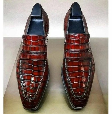 Handmade Mens Leather  Shoes Alligators Pattern Shoes,  Moccasin Shoes