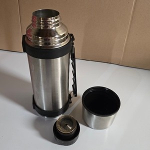 Vintage Stainless Steel Vacuum Bottle Thermos w Cup Lid Stopper & Handle