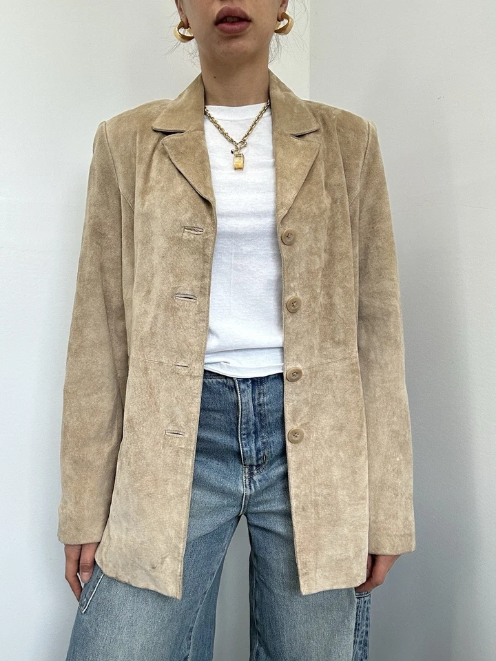 Vintage 90’s Croft & Barrow Beige 100% Suede Jacket Button Front Collared Size M - Image 2 of 4