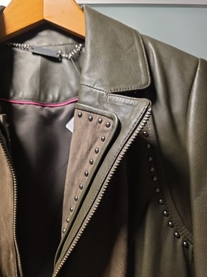 Luxury Biker Leather Jacket Brian Rennie Lamb Nappa Khaki 34 NEW