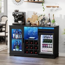 Wine Bar Cabinet w/ Mini Fridge, LED Lights, Rack, Storage Sideboard Black