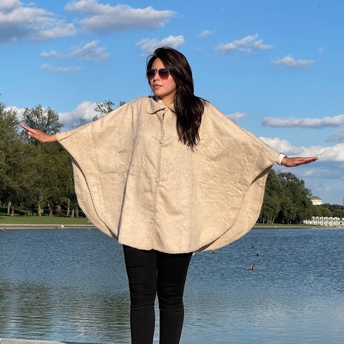 ANDEAN ALPACA BABY ALPACA HANDMADE WOMEN BEIGE SHAWL CAPE M - Picture 4 of 8