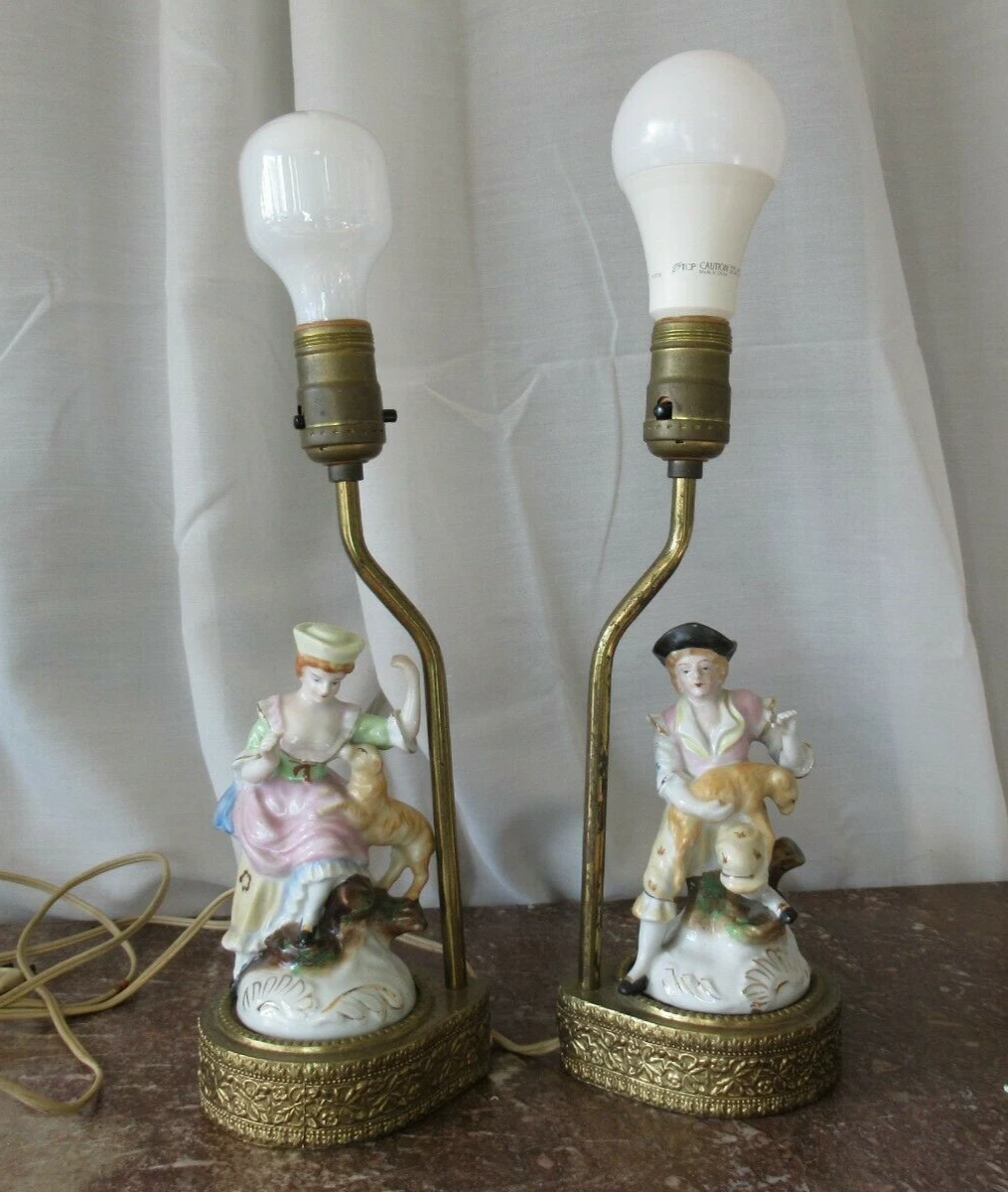 Vintage pair glazed porcelain figural table lamp boy girl dog pastoral romantic