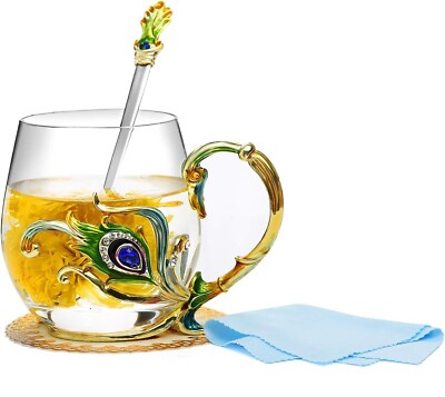Evecase Emaille Schmetterling Blume Bleifrei Glas Kaffeetassen Teetasse + Stahllöffel
