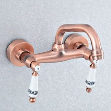 Antique Red Copper Wall Mount Dual Ceramic Handles Bathroom Basin Sink Faucet