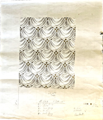 Vintage Wall Paper Design Plan, Remnant Artist Proof, 16''x18'' Gold and Grey