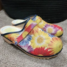 Moheda Toffeln Women's Leather Slip On Floral Wooden Clogs Sz 37 Multicolor