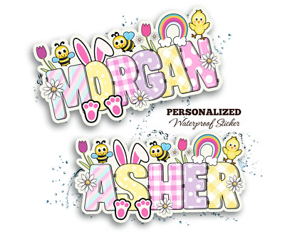 Personalized Easter Name Sticker, Waterproof Vinyl Decal, Bee Rainbow Bunny Gift