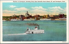 Skyline Ferry Boat Rock Island Illinois IL Davenport Iowa IA Ships View Postcard