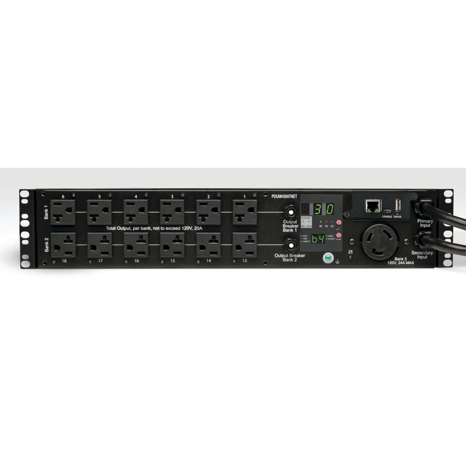 Tripp Lite PDU Switched ATS 120V 30A 24 5-15/20R; 1 L5-30R 2URM TAA PDUMH30ATNET - Image 2 of 4