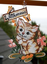 Fensterbild Haustür Willkommen Plauener Spitze Fensterdekoration Katze 29 cm