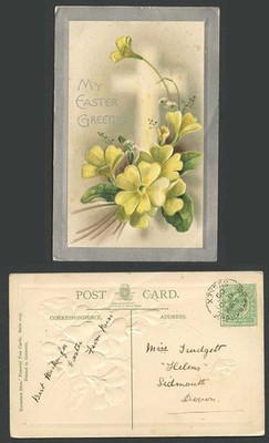 Mein Ostergruß gelbe Blumen KE7 1/2d 1909 alte geprägte Postkarte Grüße