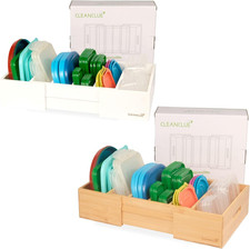 Bamboo Lid Organizer Bundle: Natural Bamboo and White - Expandable Kitchen Cabin