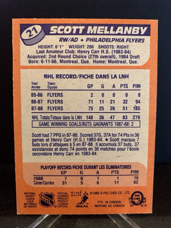1988-89 O-PEE-CHEE SCOTT MELLANBY ROOKIE HOCKEY CARD #21 PHILADELPHIA FLYERS RC - Image 2 of 2