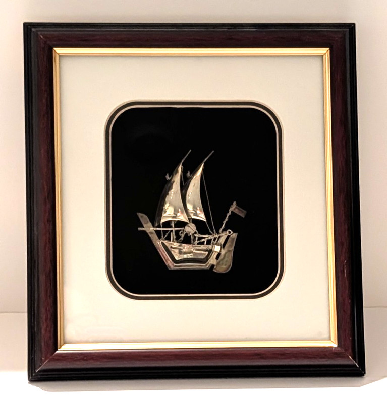 Antique Sterling Silver  Trireme Viking Sail Ship Argo Figurine framed