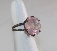 Vintage or Antique Hexagon Rose Quartz And Sterling Silver Ring Size 7