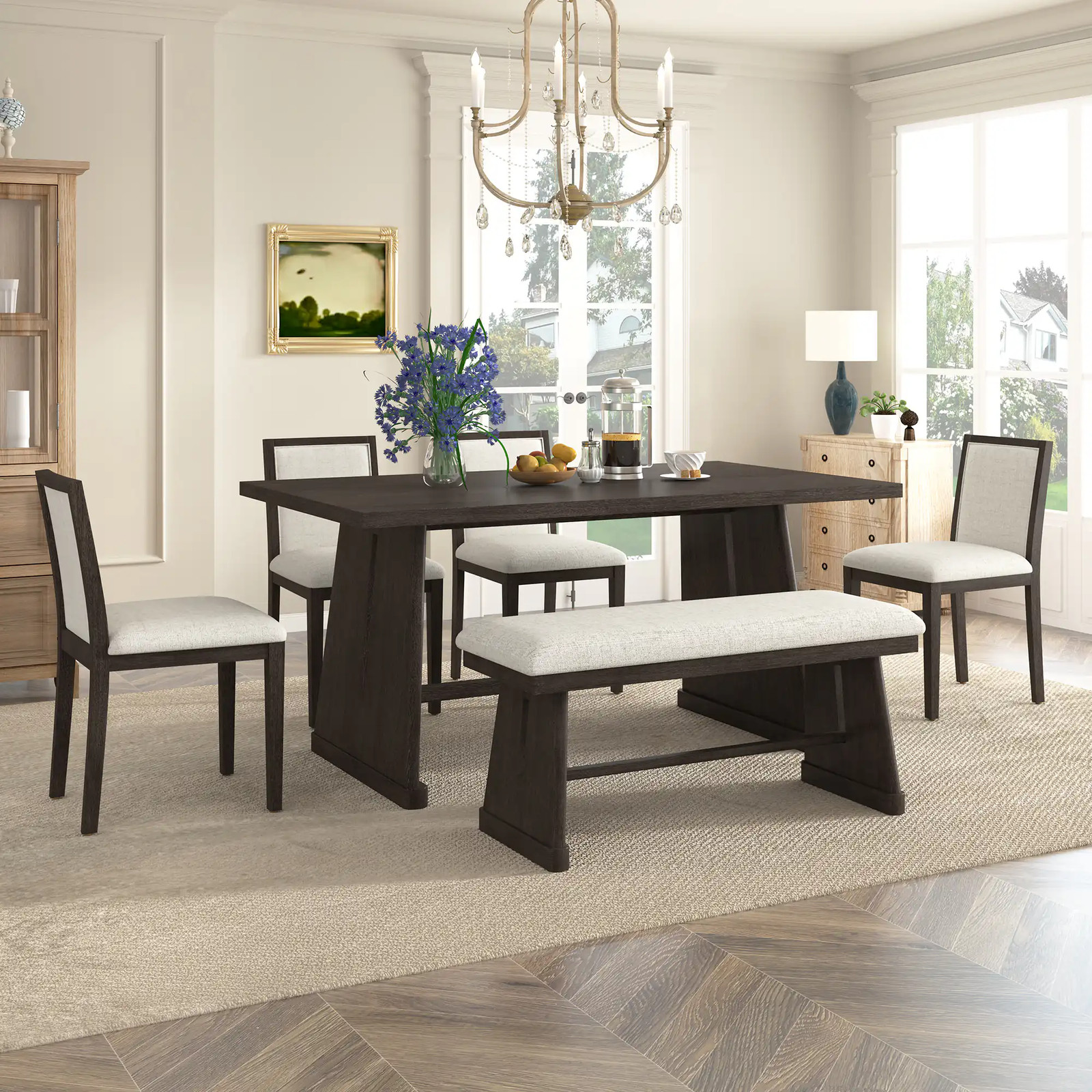 TREXM 6-Piece Rustic Farmhouse Dining Table Set with Wire Brushed Design, Rectangular Dining Table with Trapezoid Legs, 4 Upholstered Linen Chairs & 1 Padded Bench for Dining Room & Kitchen (Espresso)