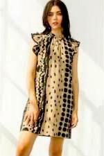 THML Black And Tan Geometric Polka Dot Dress Size Large Ruffle Sleeves