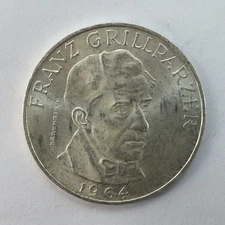1964 Austrian 25 Schilling Grillparzer silver commemorative coin 0.800 Mint