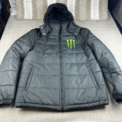 Monster Energy Drink Jacket Size L Black Puffer Hood Promo Gear Preowned RARE