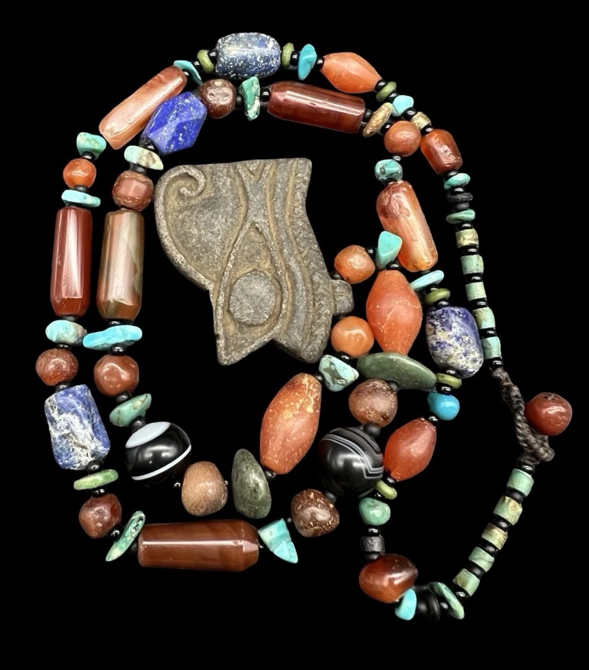 Mezcla de cuentas de piedra antiguas vintage Neaclace, lapislázuli turquesa ágata Wadjet ojo amuleto Foto 2 de 4