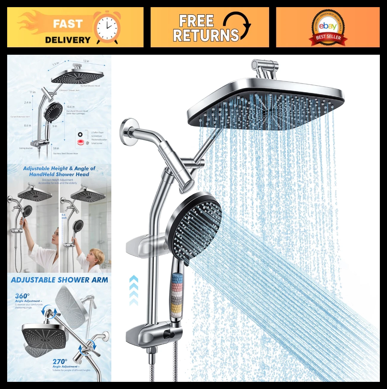High Pressure 12" Rain Shower Head & Handheld Spray Combo, Adjustable Arm, Silve