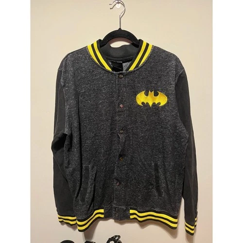 DC Comics Batman Varsity Bomber Jacket Gray Black Yellow Snap Front Large XL - product listing photo