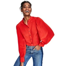 Boden Top Womens US 12 UK 16 Red Silk Mandarin Collar Balloon Sleeve Minimalist