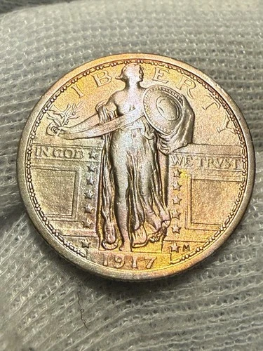 1917 TYPE 1 STANDING LIBERTY QUARTER AU+ Toned