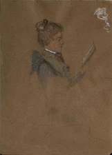 Unknown Reading Woman / Female Portrait Pastel Drawing - OJ