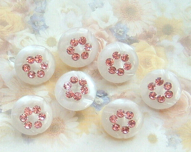 Set of 7 Vintage Small White Moonglow Glass Buttons w/Circle of Pink Rhinestones - Image 4 of 4