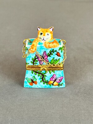 Artoria Limoges Cat KITTEN IN SHOPPING BAG Ltd Ed 2 1/2'' Trinket Box: MINT