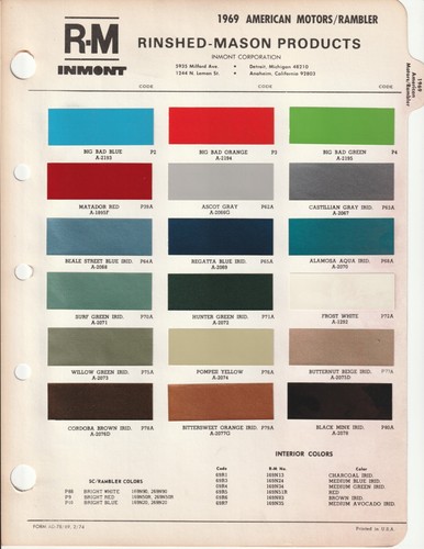 1969 AMC AMBASSADOR RAMBLER REBEL AMERICAN JAVELIN AMX PAINT CHIPS