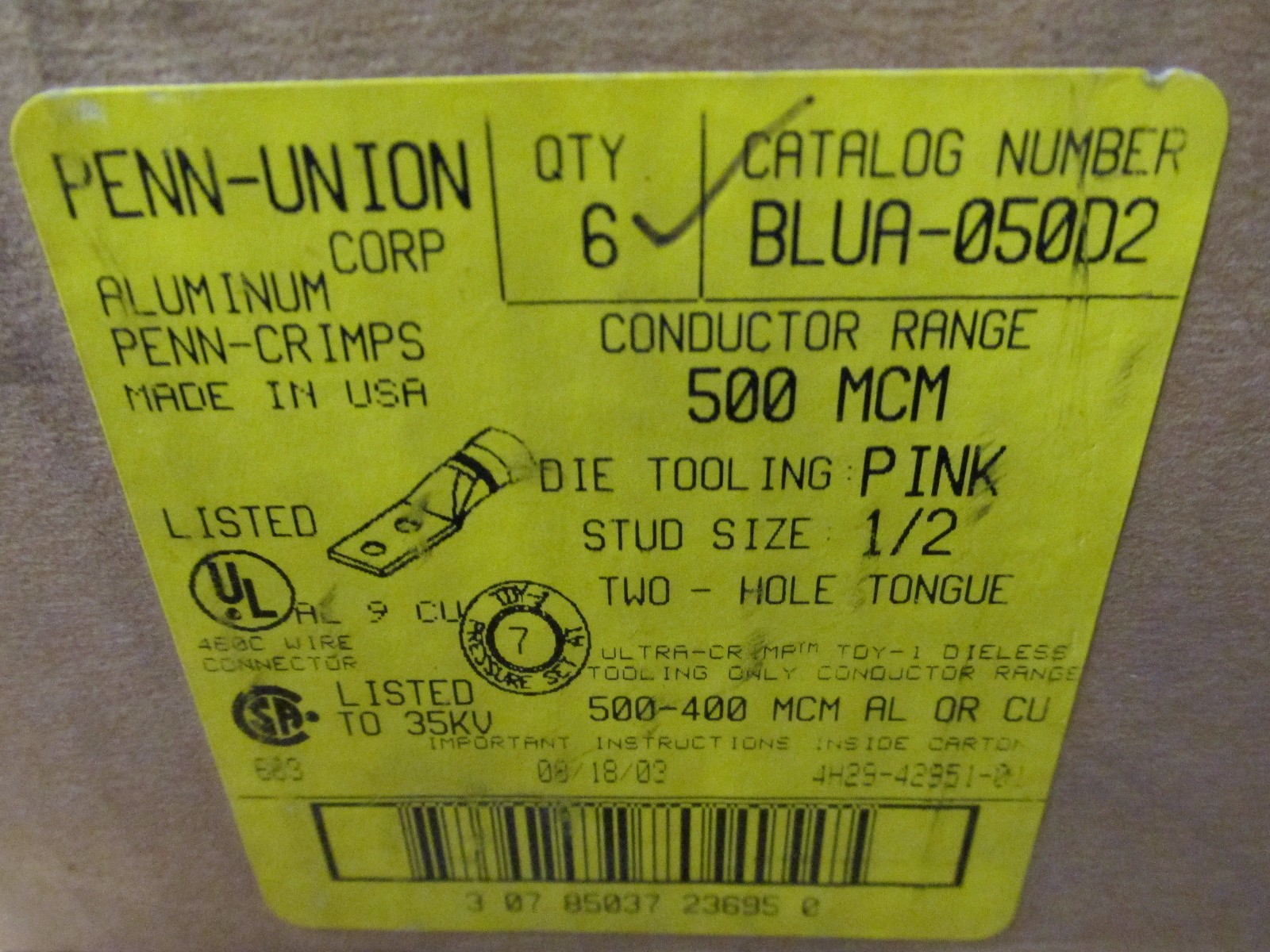NEW NOS LOT OF 2 Penn Union BLUA050D2 Aluminum Penn Crimp Terminal