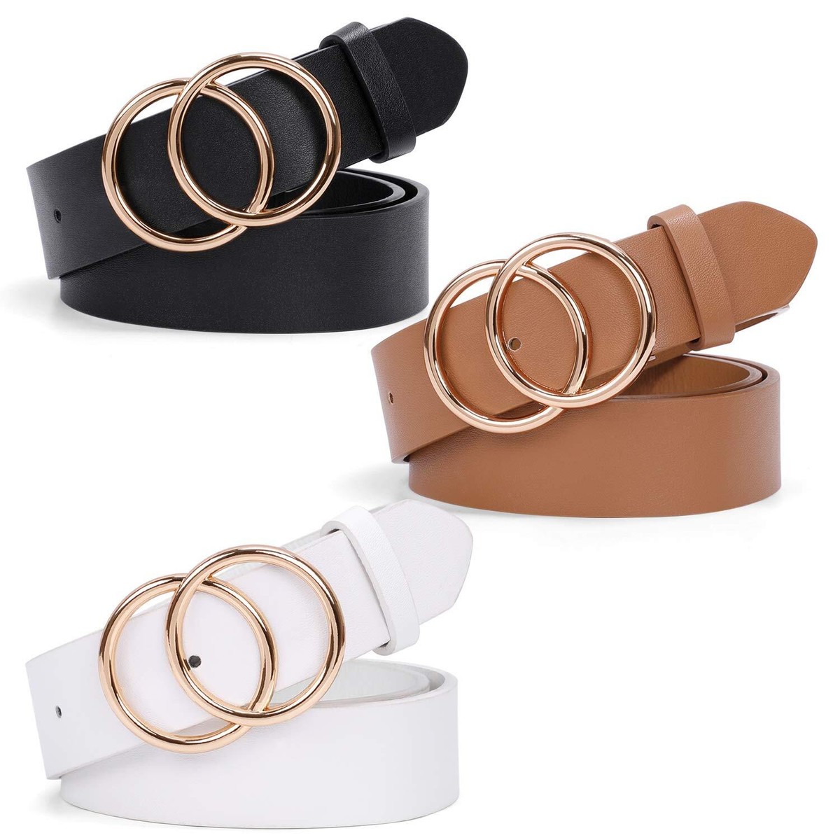 Women Leather Belt Fashion Double O-Soft Faux Leather Waist Belts