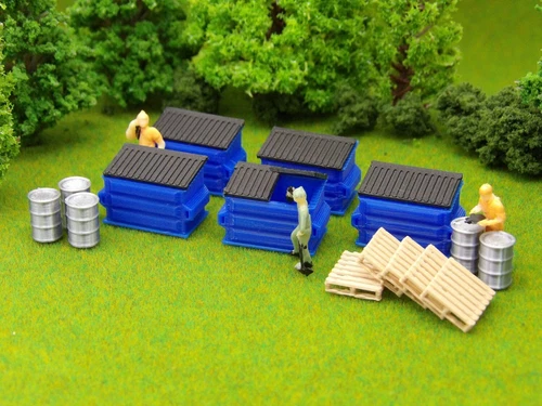 Dumpsters, Pallets & Drums - 5 of each item! HO Scale scenery trash accessories