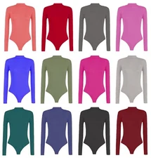 Womens Ladies Plain & Printed Long Sleeve Turtle Polo Neck Bodysuit Leotard Top 