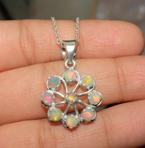 Natural Ethiopian fire opal pendant with sterling silver opal chain necklace