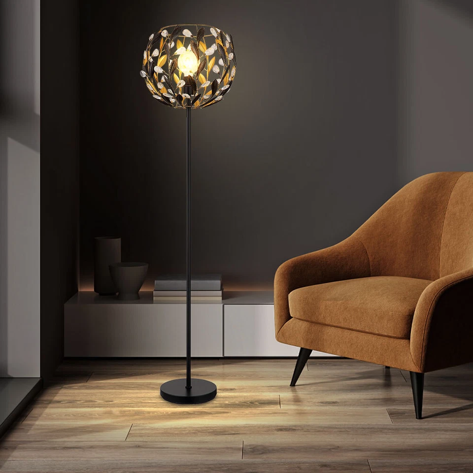 Lampadaire Lampe De Salon Feuilles Noir Or Cristaux H 157 Cm - Photo 1/4
