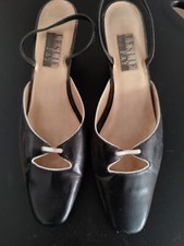 VTG 1960's LESLIE FAY Navy Leather Slingback Shoes with White Piping Size 7 M