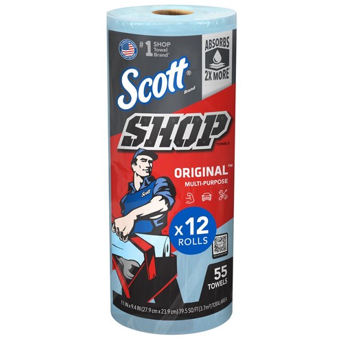 Scott Shop Towels Original 75147, Essuie-Mains Bleus Ultra-Résistants pour Essuyage Intensif, Parfait pour Graisses, Huiles et Liquides, 12 Rouleaux de 55 Essuie-Mains (660 au Total